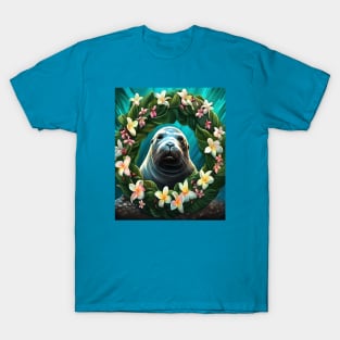 Cartoon Art Of Hawaiian Monk Seal With Plumeria T-Shirt